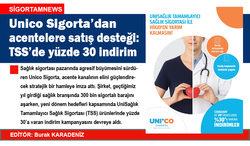 Unico Sigorta’dan acentelere satış desteği: TSS’de yüzde 30 indirim
